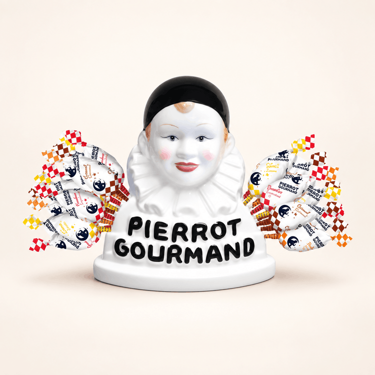Coffret collector Pierrot Gourmand. Buste porte sucettes en céramique et 40 sucettes Made in France